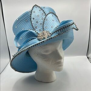Lisa Rene Blue and Silver Rhinestone Wide-Brimmed Kentucky Derby Church Hat